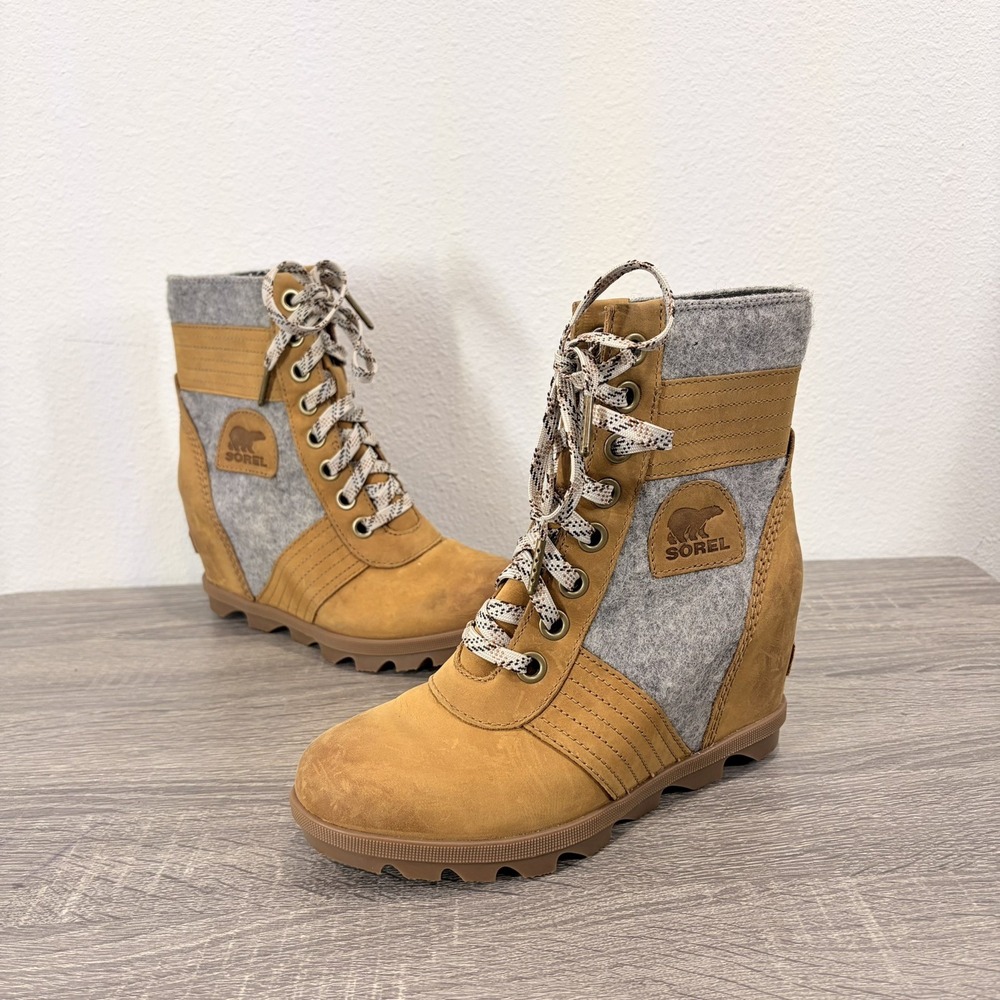 Sorel Lexie Wedge Felt Leather Lace Up Camel Tan Grey Boots New Womens Size 7